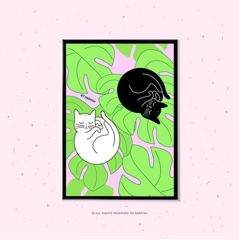 Black & White Cats On Monstera leaf A4 Print