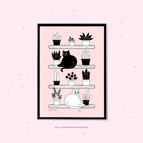 Home Jungle Cats plants shelves A4 Print