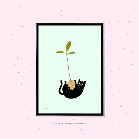 Cat Hug Avocado Plant A4 Print