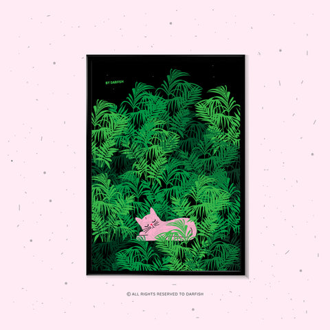 Cat Sleeps In The Greens A4 Print