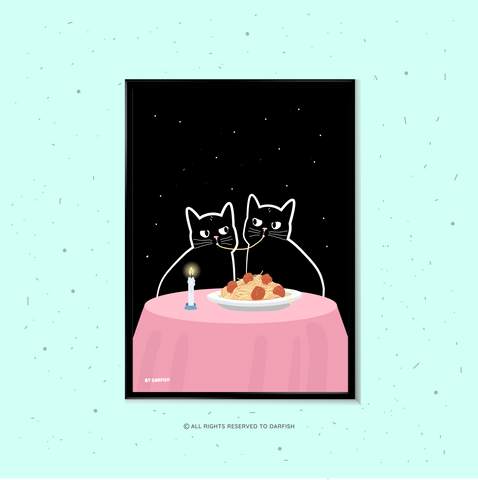 Romantic Dinner Cats A4 Print