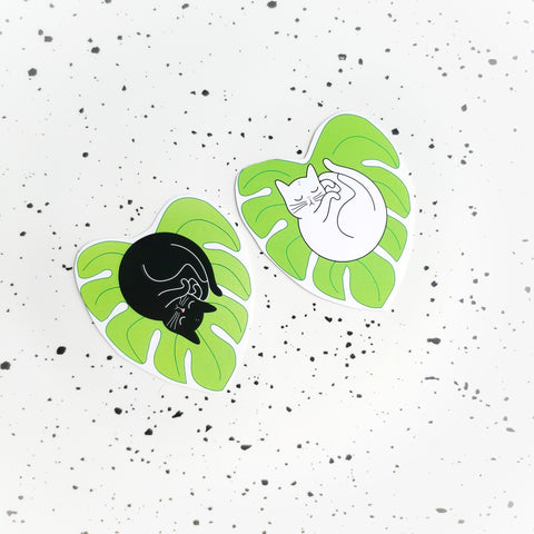 Black / White cats on Monstera leaf sticker