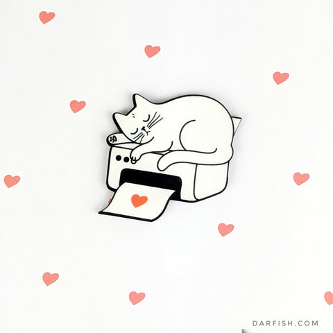 Printer Heart Cat Wood Pin